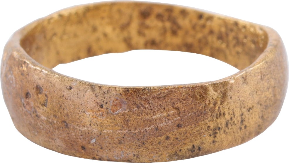 VIKING WOMAN’S WEDDING RING, 10th-11th CENT, SIZE 9 1/4: Gilt bronze, size 9 1/4. 4.9-6.5mm width with low rounded face band. Surface textured from burial. Professionally refurbished with the 24karat gold surface restored. See the reference image which show