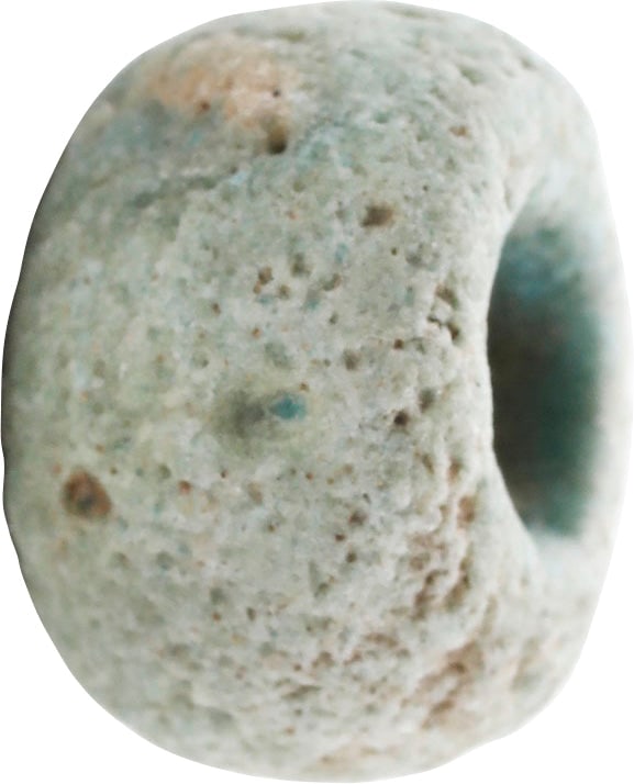 CERAMIC BEAD 850-1050 AD: Light green, bun form, just over 3/8” length (0.40”) and 0.57” diameter. Large stringing hole. The surface degraded from burial. Part of a larger necklace or pectoral. •Celtic