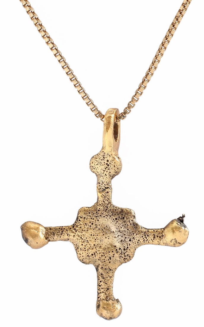 RARE MEDIEVAL CHRISTIAN CROSS NECKLACE C.800-1000 AD: Carolingian, the period of Charlemagne. The emergence from the Dark Ages is embodied in the rise to power of the Frankish King, Charlemagne in 768 (founder of the Holy Roman Empire after 800)