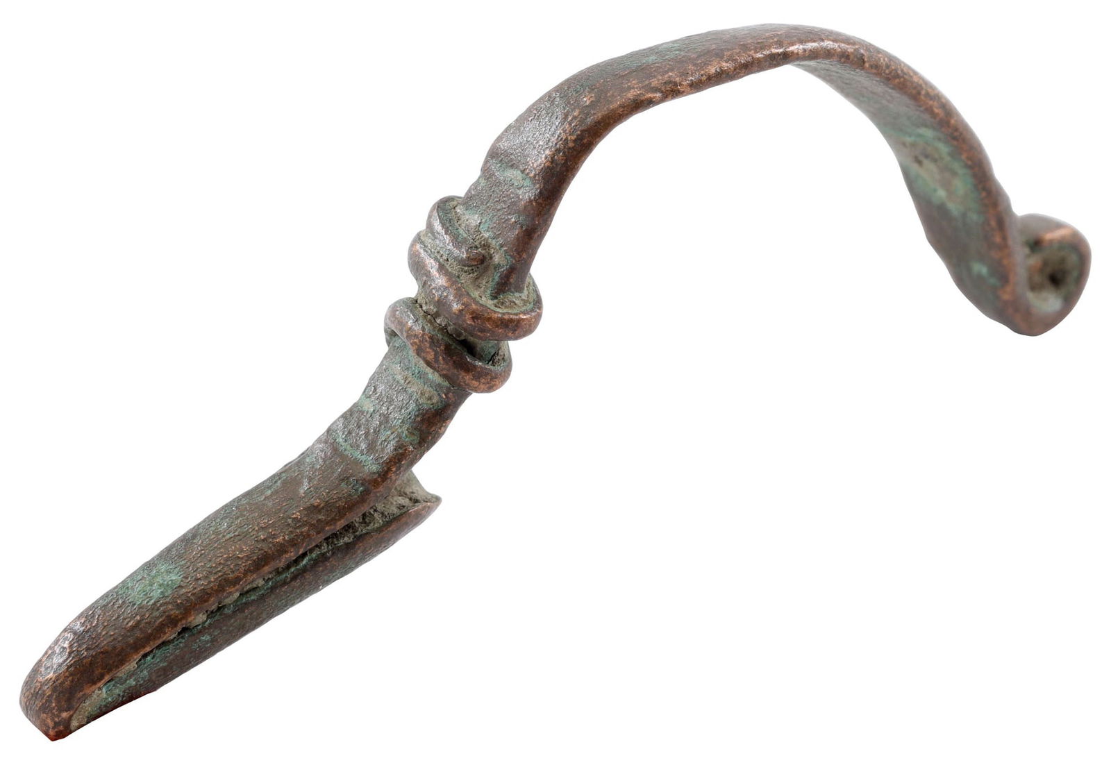 ROMAN BROOCH, FIBULA, C.300 CENTURY AD: The original garment pin was patented two millennia later as the "safety pin". Bronze, 2 ¼” (2.26”) in length, of elegant arched form, probably for a lady's garment, with the cross