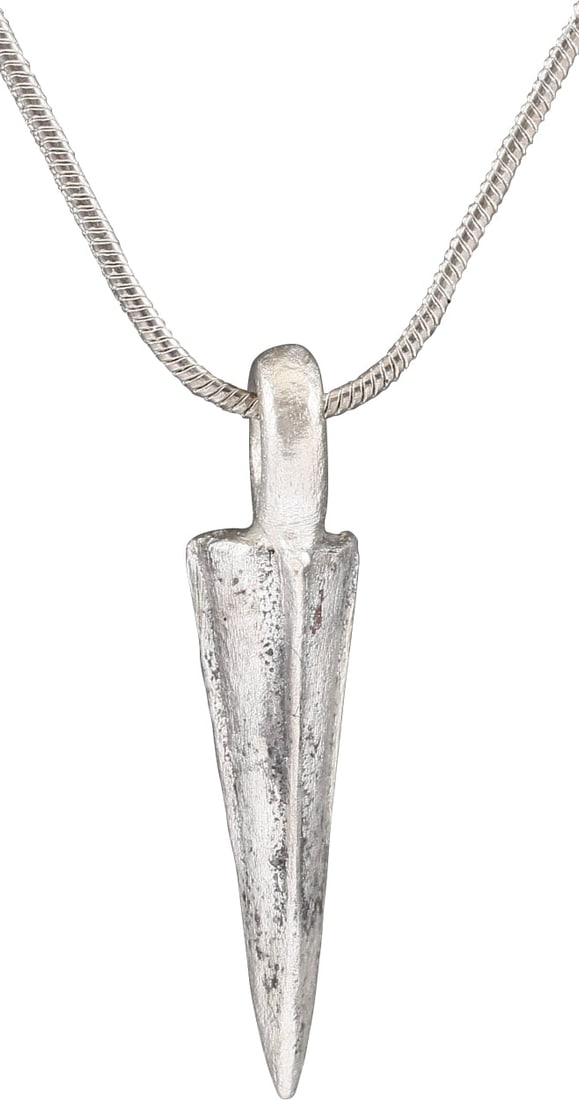 ROMAN ARROWHEAD PENDANT NECKLACE, 3rd-5th CENTURY AD: The period of the fall of Rome and loss of power to Germanic barbarians. Just under 7/8" in length plus the suspension loop. Usually lost on the battlefield and not often found in such good preservati