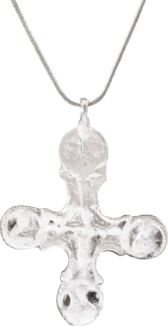 LARGE GOTHIC EUROPEAN CROSS C.1200-1400: Classic Gothic imagery and form. The cross beam centered or slightly above. The junction relief decorated with a figure with outstretched arms. Circular beam terminals, each with a figure of a saint.