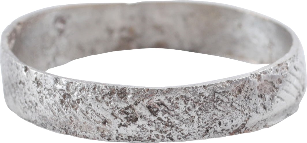 VIKING WOMAN’S WEDDING RING, SIZE 8 1/2: Late 9th-early 11th century AD. Gilt bronze, size 8 1/2. Medium width band 3.5mm, with the surface decorated in angled or hatched line band. Textured from burial. Professionally refurbished with the s