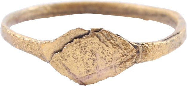 ENGLISH WEDDING RING, TUDOR PERIOD, SIZE 5 1/4: Tudor Period, the Period of Henry VIII and Elizabeth I. Size 5 1/4 with 1.4mm flat face band. The bezel is a diamond emulating a more expensive ring with a genuine stone. The ring of a common person,