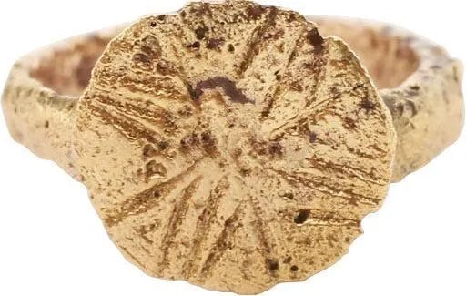 ROMAN/BYZANTINE CHRISTENING/BAPTISM RING, C. 2ND-6TH C. AD, SZ 1/2: Gilt bronze, size about 1/2 which suggests a child of six months age or less. Slightly rounded face band, 2.0mm width flaring slightly to the shoulders. Circular bezel with a central cross of triple