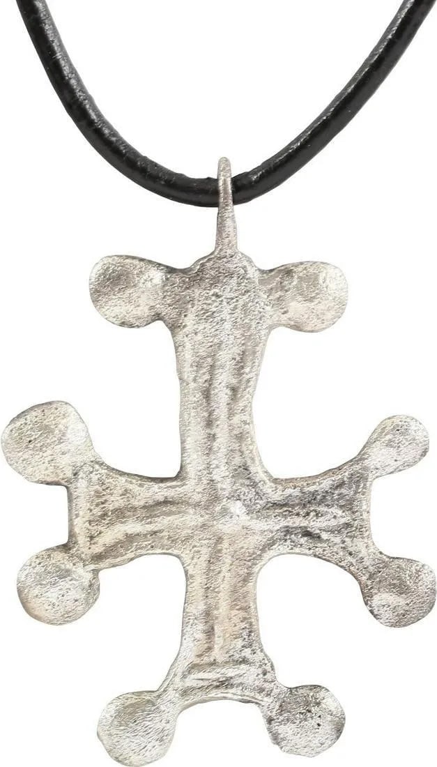 FINE LARGE MEDIEVAL EUROPEAN CROSS PENDANT: 14th-15th century AD, Spanish or Italian, with a centered cross beam. Silvered bronze, 1 3/4 inch total height. Each beam flared from the center with double spherical terminals. Small center nub