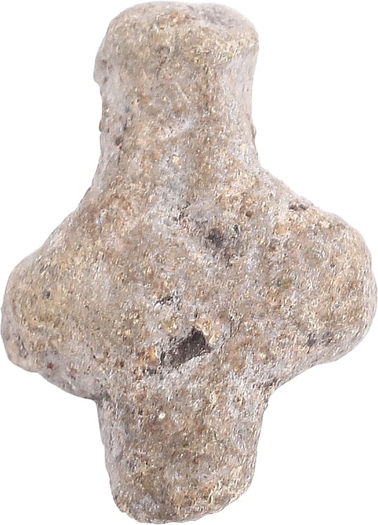 ANCIENT ENGLISH MORTUARY CROSS, 14th CENTURY: Lead, just over 1/2" height, the top pierced for attachment to the body. Hastily made for burial with plague victims of the first great plague of 1348-49. Known variously as Pestilence, the Great