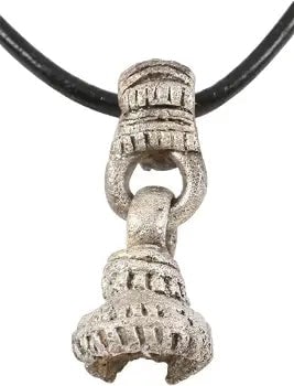 CELTIC VOTIVE BELL NECKLACE 7th-5th CENTURY BC JEWELRY: Bronze, about 5/8” height plus the connecting link for about 1 1/8” total. Both elements intricately cast with transverse and beaded band decoration by the lost wax process. The plain form