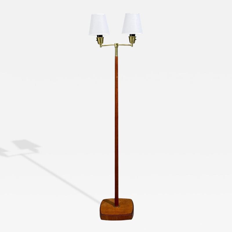 Swedish Modern, Floor Lamp, Teak, Brass, Sweden, 1960s: Title: Swedish Modern, Floor Lamp, Teak, Brass, Sweden, 1960s Description: Swedish Mid-Century Modern, Floor Lamp, Teak, Brass, Fabric, Sweden, 1960s A double light floor lamp designed and produced in