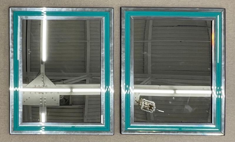 Pair of Art Deco Wall, Mantle or Console Mirrors with Turquoise Beveled Frames - 2