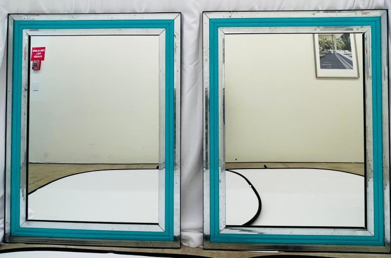 Pair of Art Deco Wall, Mantle or Console Mirrors with Turquoise Beveled Frames - 3