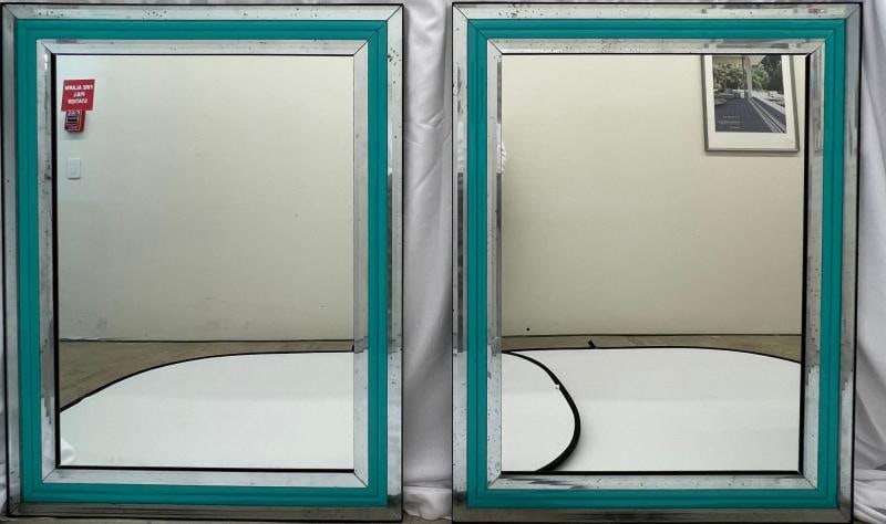 Pair of Art Deco Wall, Mantle or Console Mirrors with Turquoise Beveled Frames - 6