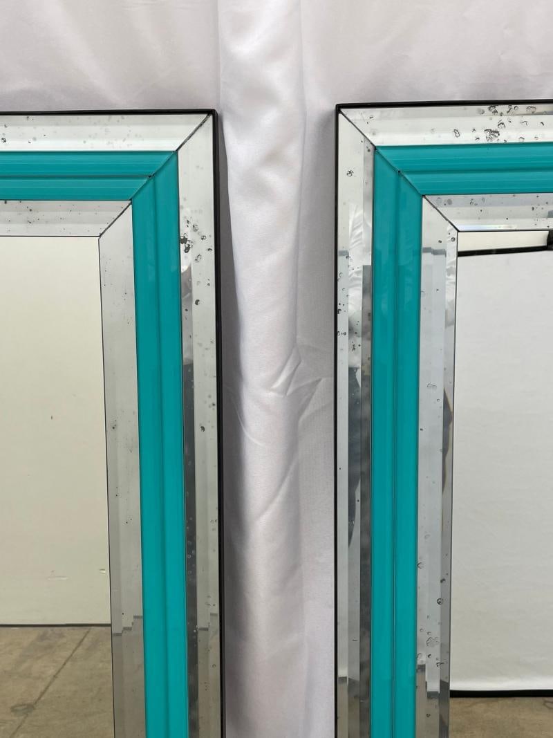 Pair of Art Deco Wall, Mantle or Console Mirrors with Turquoise Beveled Frames - 7