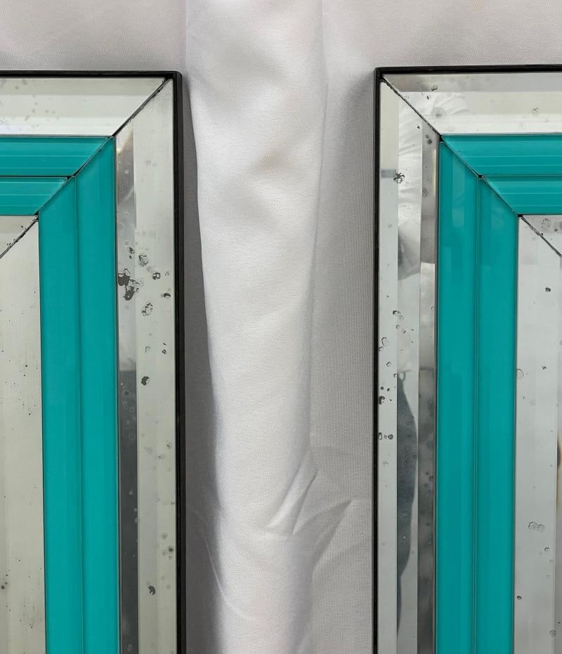 Pair of Art Deco Wall, Mantle or Console Mirrors with Turquoise Beveled Frames - 8