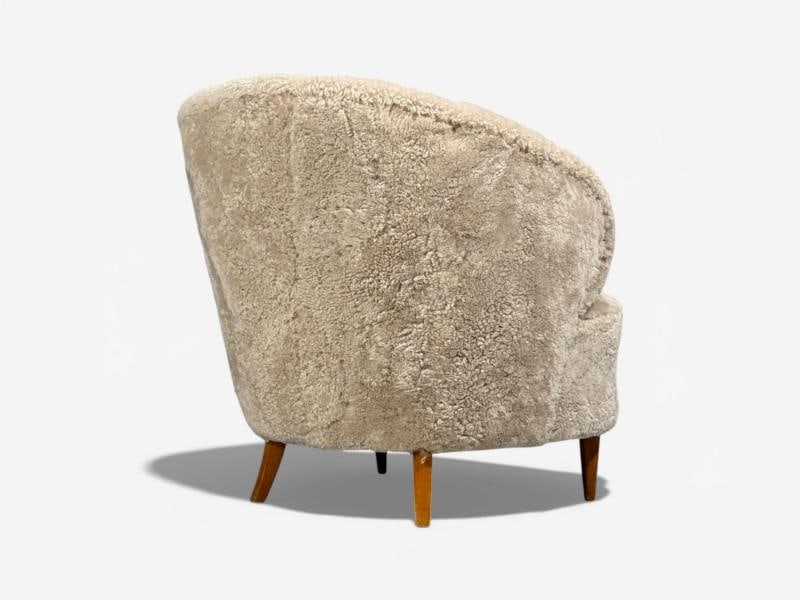 Finnish Modern, Shell Form Lounge Chairs, Beige Shearling, Wood, Finland, 1940s - 10