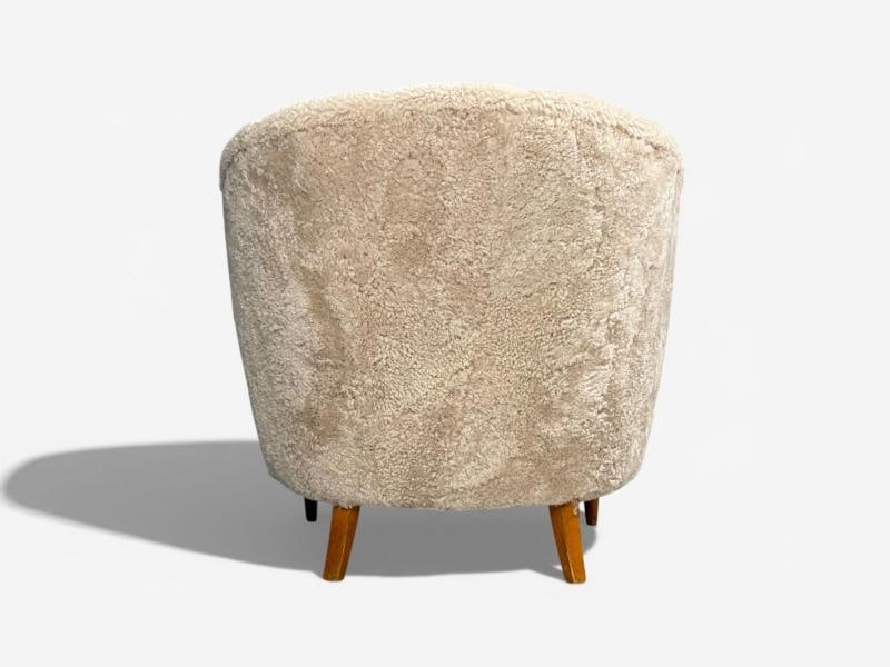 Finnish Modern, Shell Form Lounge Chairs, Beige Shearling, Wood, Finland, 1940s - 11