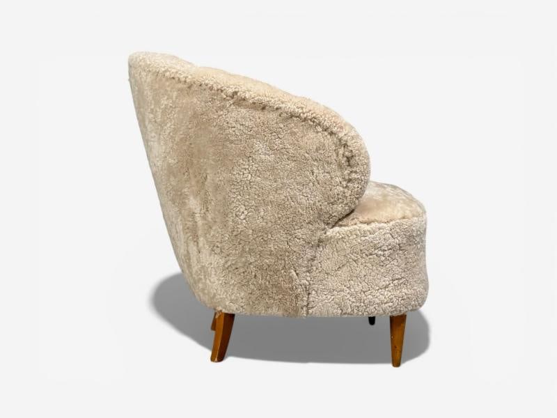 Finnish Modern, Shell Form Lounge Chairs, Beige Shearling, Wood, Finland, 1940s - 9