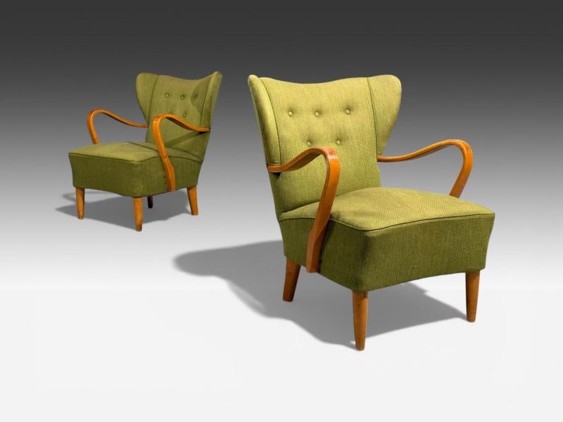 Swedish Modern, Lounge Chairs, Elm, Green Fabric, Sweden, 1930s - 2