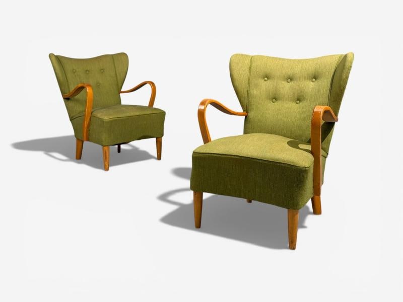 Swedish Modern, Lounge Chairs, Elm, Green Fabric, Sweden, 1930s - 3