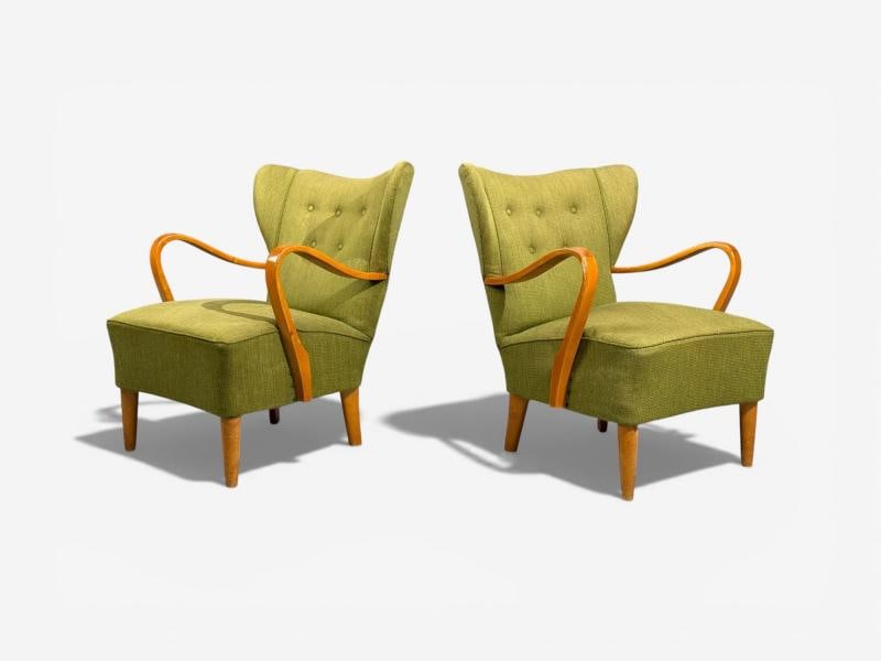 Swedish Modern, Lounge Chairs, Elm, Green Fabric, Sweden, 1930s - 5