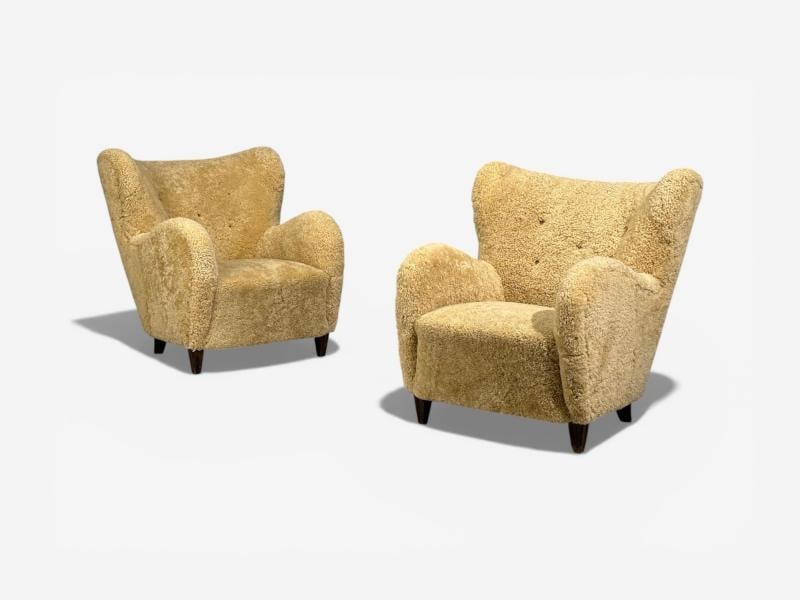 Swedish Modern, Organic Lounge Chairs, Shearling, Wood, Sweden, 1940s - 2