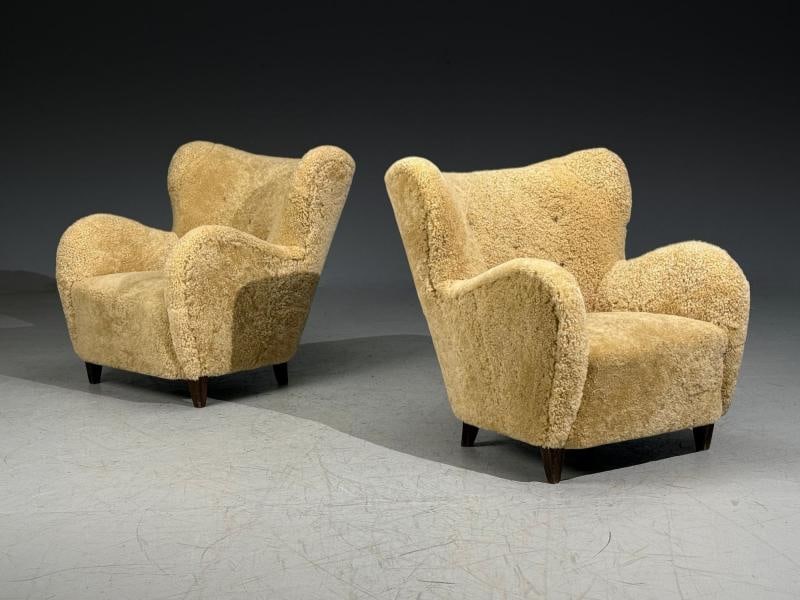 Swedish Modern, Organic Lounge Chairs, Shearling, Wood, Sweden, 1940s - 3