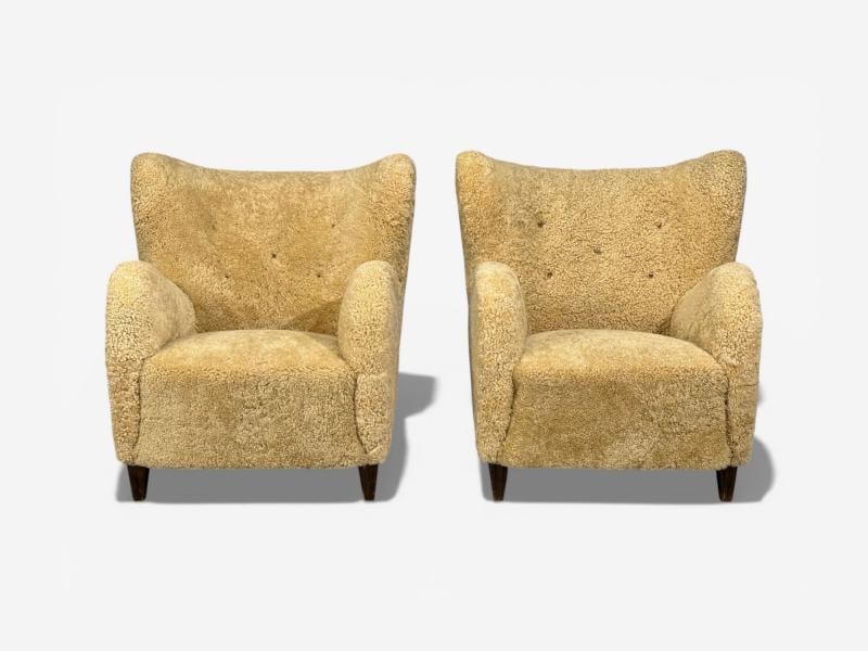 Swedish Modern, Organic Lounge Chairs, Shearling, Wood, Sweden, 1940s - 4