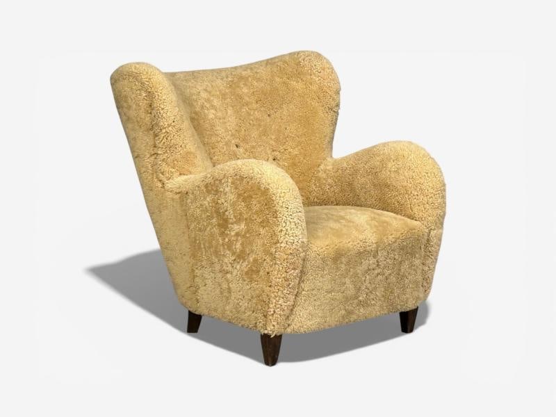 Swedish Modern, Organic Lounge Chairs, Shearling, Wood, Sweden, 1940s - 5