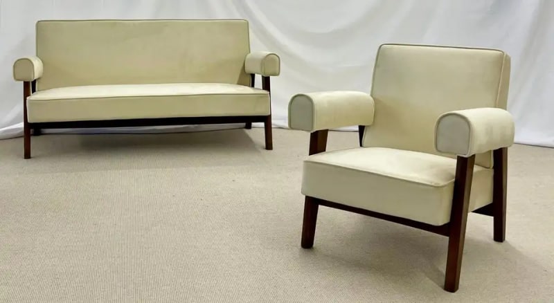 Authentic Pierre Jeanneret Upholstered Bridge Sofa/Chair Set, Mid-Century Modern - 3