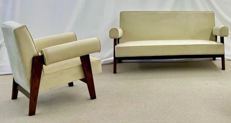 Authentic Pierre Jeanneret Upholstered Bridge Sofa/Chair Set, Mid-Century Modern - 4