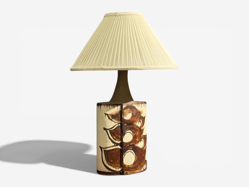 BJ Keramik, Large Table Lamp, Brown Stoneware, Denmark, 1960's - 2