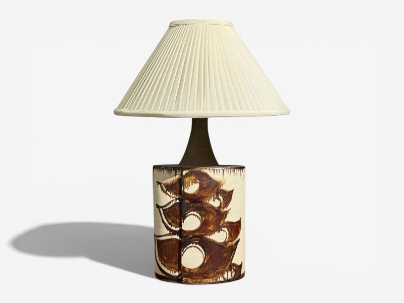 BJ Keramik, Large Table Lamp, Brown Stoneware, Denmark, 1960's - 3