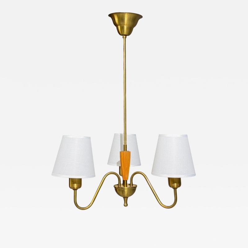 Swedish Modern, Pendant Light, Brass, Wood, Sweden, 1940s: Title: Swedish Modern, Pendant Light, Brass, Wood, Sweden, 1940s Description: Swedish Mid-Century Modern, Three Arm Pendant Light, Brass, Wood, Sweden, 1940s A modernist brass and wood three arm
