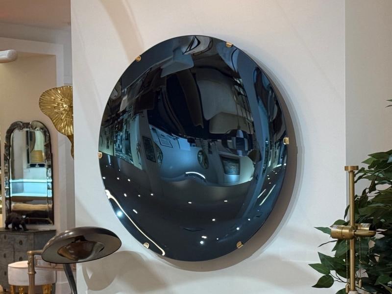 Contemporary, Modern Space Age Wall Mirror, Blue Concave Glass, Brass - 3