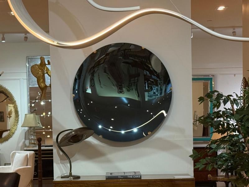 Contemporary, Modern Space Age Wall Mirror, Blue Concave Glass, Brass - 4