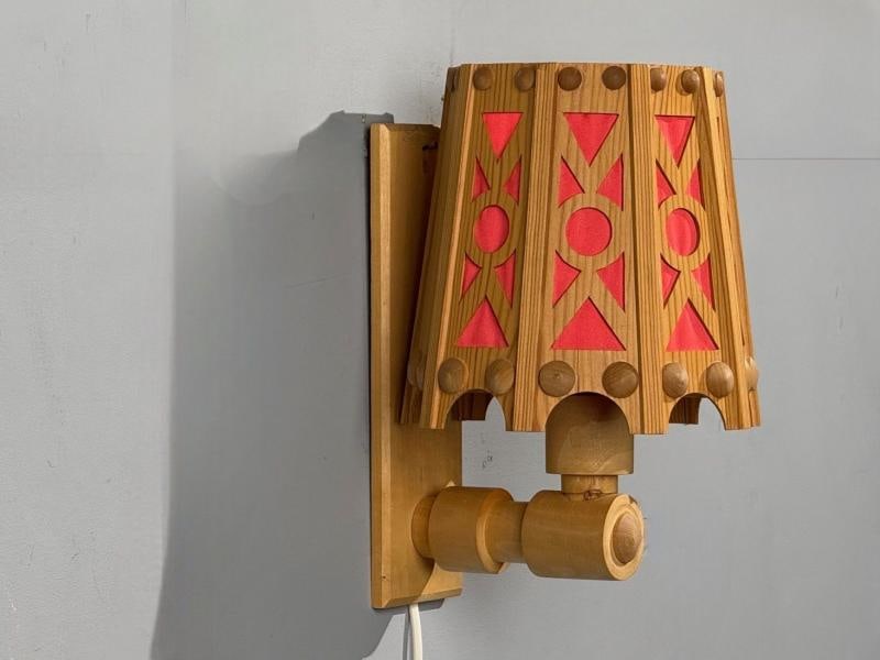 Swedish Modern, Wall Lights, Pine, Red Textile, Sweden, 1970s - 6