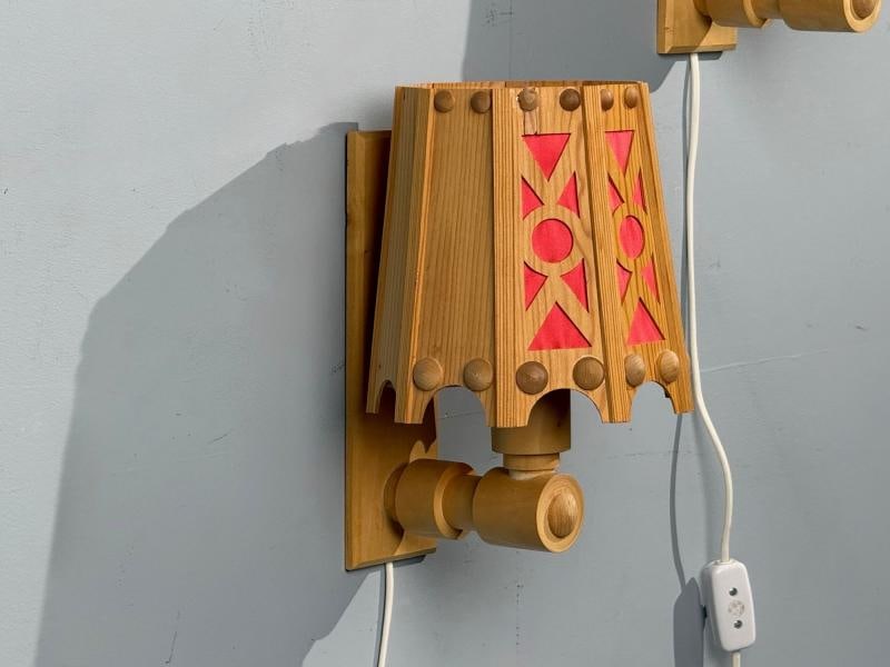 Swedish Modern, Wall Lights, Pine, Red Textile, Sweden, 1970s - 7