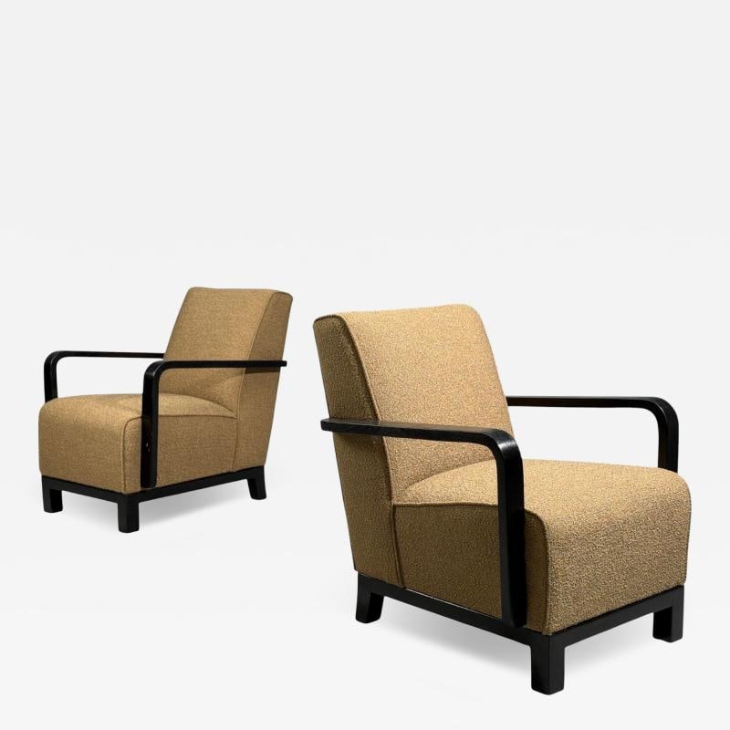 Swedish Art Deco, Lounge Chairs, Ebonized Bentwood, Boucle, Sweden, 1940s: Title: Swedish Art Deco, Lounge Chairs, Ebonized Bentwood, Boucle, Sweden, 1940s Description: Swedish Mid-Century Modern, Lounge Chairs, Ebonized Bentwood, Boucle, Sweden, 1940s Pair of chic art deco