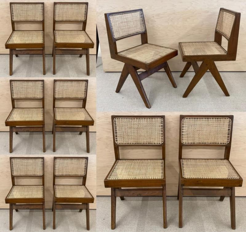 Set of Ten Pierre Jeanneret Hand Cane Chairs, Teak, Cane - 10