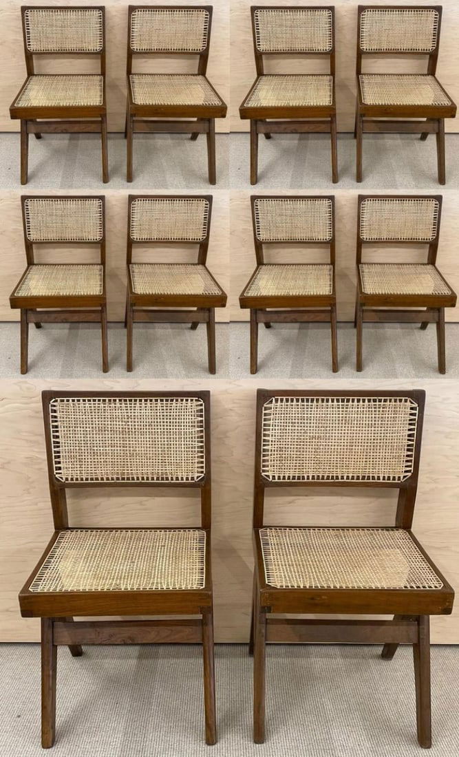 Set of Ten Pierre Jeanneret Hand Cane Chairs, Teak, Cane - 12
