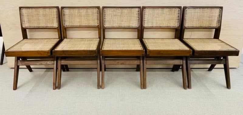 Set of Ten Pierre Jeanneret Hand Cane Chairs, Teak, Cane - 7