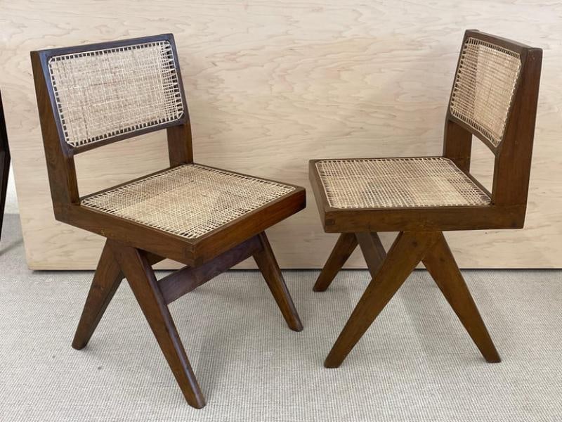 Set of Ten Pierre Jeanneret Hand Cane Chairs, Teak, Cane - 8