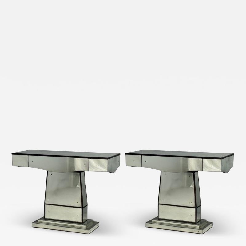 Art Deco Style, Mirrored Console Tables, Painted Wood, Distressed Glass: Title: Art Deco Style, Mirrored Console Tables, Painted Wood, Distressed Glass Description: Mid-Century Modern Style, Mirrored Console Tables, Painted Wood, Distressed Glass Pair of modernist console