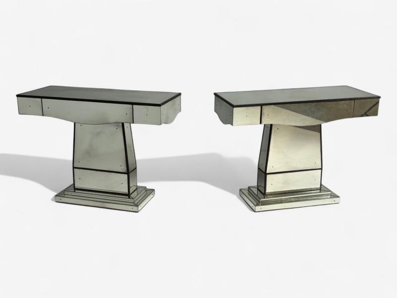 Art Deco Style, Mirrored Console Tables, Painted Wood, Distressed Glass - 2