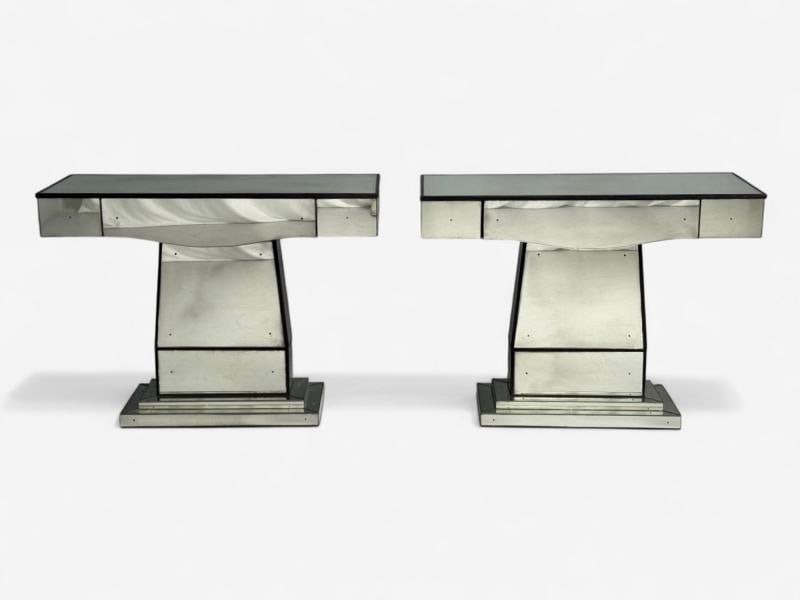 Art Deco Style, Mirrored Console Tables, Painted Wood, Distressed Glass - 4