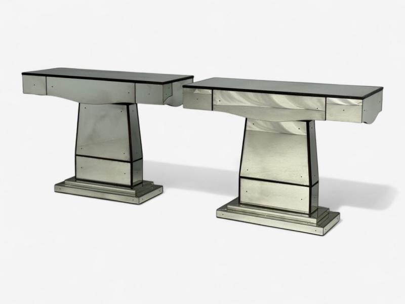 Art Deco Style, Mirrored Console Tables, Painted Wood, Distressed Glass - 9