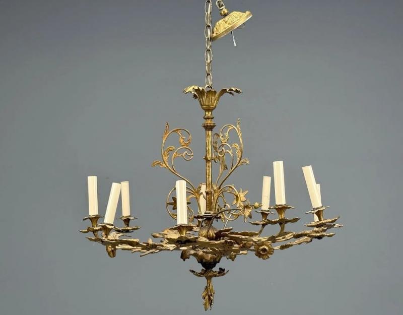 Rococo Style, Leaf and Vine Chandelier, Dore Bronze, Italy, 1920s - 4