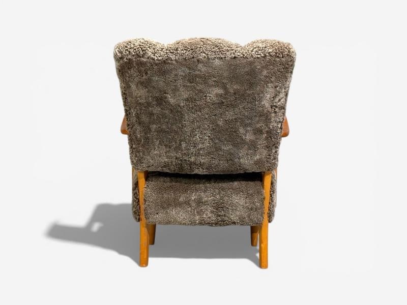 Swedish Modern, Lounge Chairs, Elm, Gray Shearling, Sweden, 1940s - 11