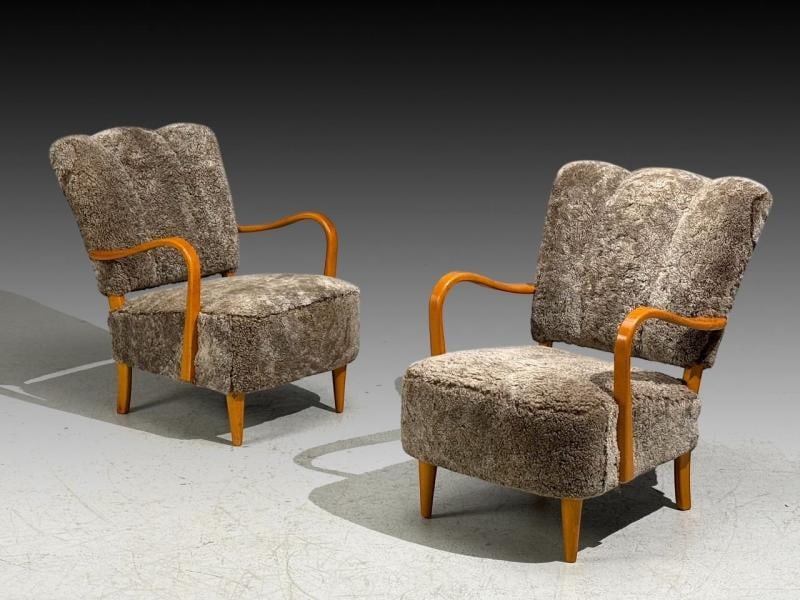 Swedish Modern, Lounge Chairs, Elm, Gray Shearling, Sweden, 1940s - 2