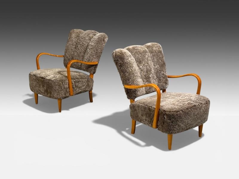 Swedish Modern, Lounge Chairs, Elm, Gray Shearling, Sweden, 1940s - 3